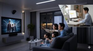 N잡 창업 아이디어로 성공한 모습. 스마트홈 입주 세팅 서비스 덕분에 편리한 저녁을 즐기는 한국인 가족과, 높은 고객 만족도에 뿌듯해하는 젊은 한국인 창업가가 조화롭게 어우러져 있다.