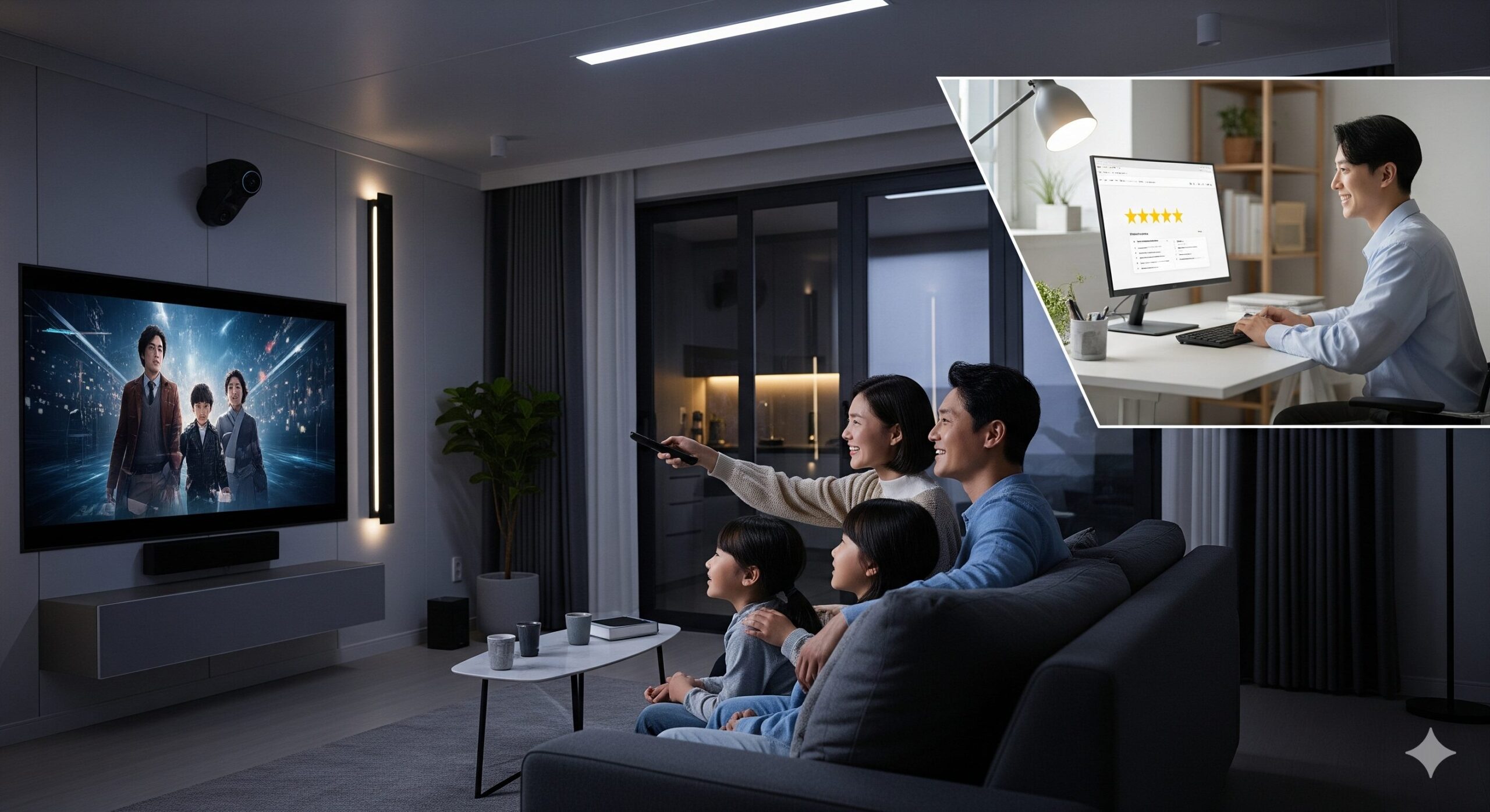 N잡 창업 아이디어로 성공한 모습. 스마트홈 입주 세팅 서비스 덕분에 편리한 저녁을 즐기는 한국인 가족과, 높은 고객 만족도에 뿌듯해하는 젊은 한국인 창업가가 조화롭게 어우러져 있다.