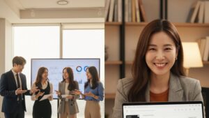 N잡 창업 아이디어인 실무 부트캠프를 통해 한국인 신입사원들이 업무에 자신감을 얻고, N잡 창업가도 보람을 느끼는 모습.