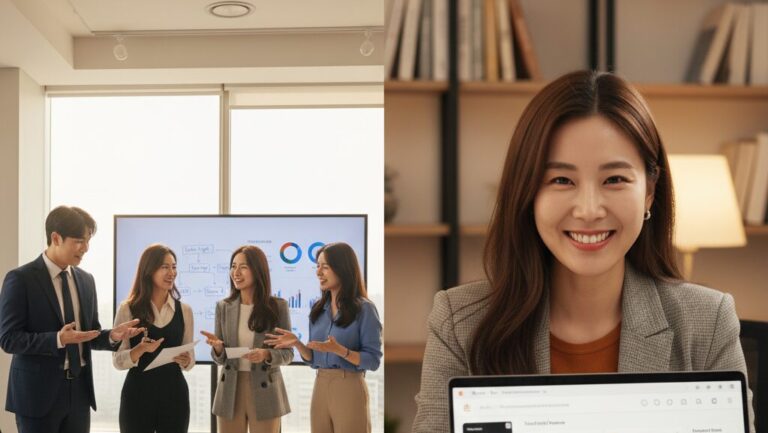 N잡 창업 아이디어인 실무 부트캠프를 통해 한국인 신입사원들이 업무에 자신감을 얻고, N잡 창업가도 보람을 느끼는 모습.