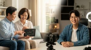 금융 교육 VOD N잡 창업 아이디어로 성공한 사업가와 그 덕분에 안정적인 자산 관리를 하게 된 행복한 고객의 모습.