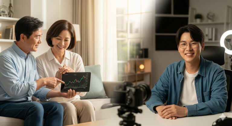 금융 교육 VOD N잡 창업 아이디어로 성공한 사업가와 그 덕분에 안정적인 자산 관리를 하게 된 행복한 고객의 모습.