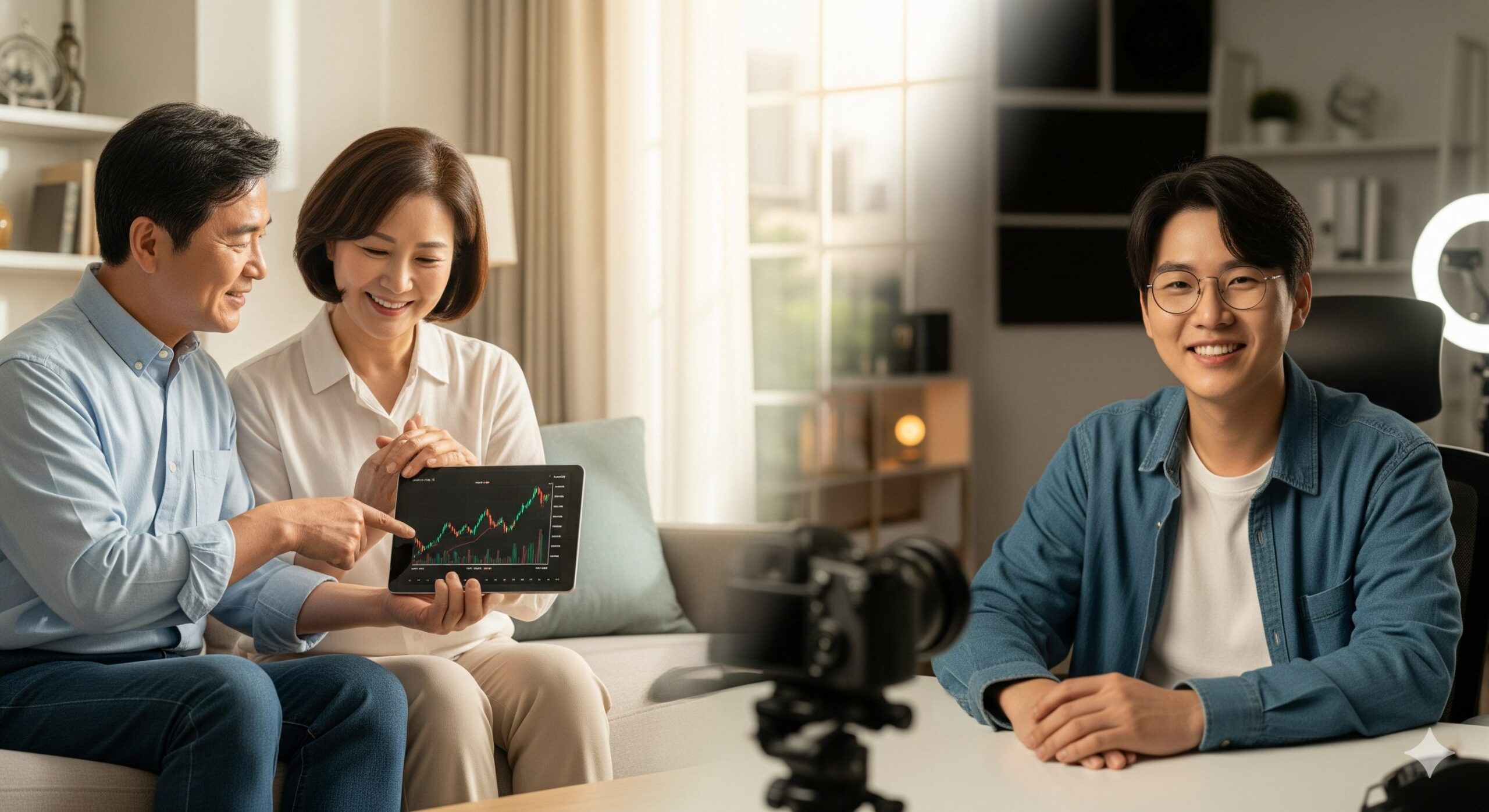 금융 교육 VOD N잡 창업 아이디어로 성공한 사업가와 그 덕분에 안정적인 자산 관리를 하게 된 행복한 고객의 모습.