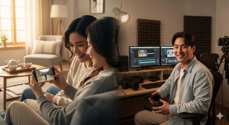 N잡 창업 아이디어로 성공한 모습. 한국인 가족은 집에서 안전하게 탐험 숏폼을 즐기고, 한국인 크리에이터는 그 모습에 만족하며 뿌듯해한다.