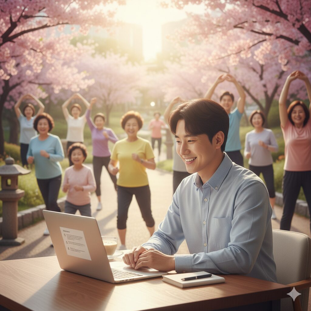 N잡 창업 아이디어로 시작한 온라인 다이어트 강의가 성공하여, 수강생들은 건강을 되찾아 행복해하고, 한국인 창업가는 그들의 성공을 보며 뿌듯해하는 완성된 꿈의 장면.