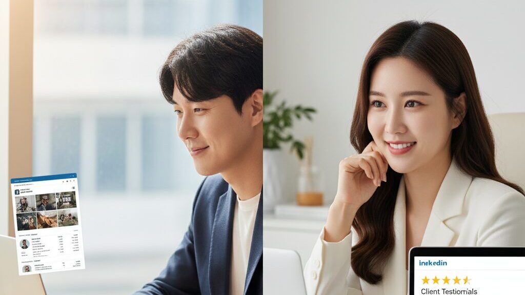 N잡 창업 아이디어인 온라인 평판 관리 컨설팅을 통해 한국인 전문가가 디지털 정체성을 되찾고, N잡 창업가도 성공하는 모습.