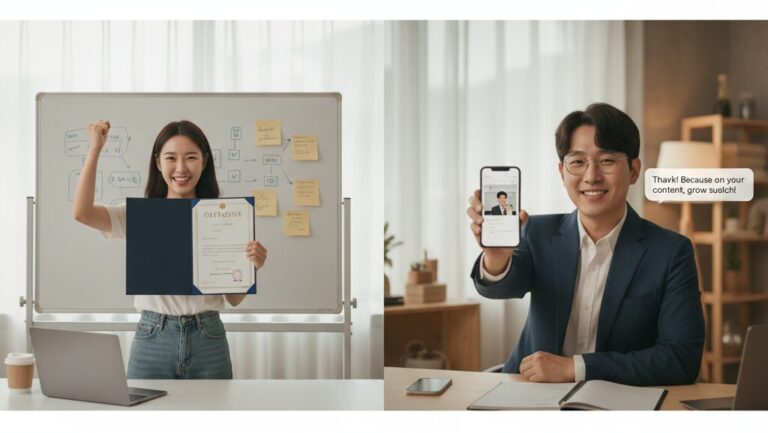 성공적인 N잡 창업 아이디어로, 유튜브 교육 채널을 통해 학습자와 크리에이터가 함께 성장하며 만족하는 모습.