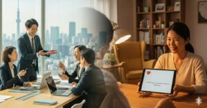 N잡 창업 아이디어의 성공적인 결과. 전문 컨설팅을 통해 일본 고연봉 취업에 성공한 한국인 직장인과, 그를 도우며 전문 컨설턴트로 성장한 N잡러의 만족스러운 모습.