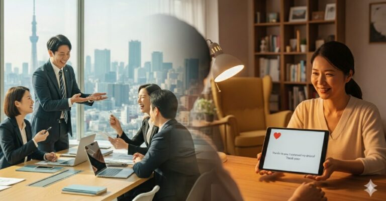 N잡 창업 아이디어의 성공적인 결과. 전문 컨설팅을 통해 일본 고연봉 취업에 성공한 한국인 직장인과, 그를 도우며 전문 컨설턴트로 성장한 N잡러의 만족스러운 모습.