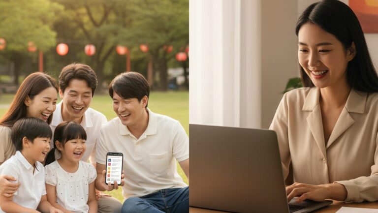 N잡 창업 아이디어인 일본 여행 안전 가이드 덕분에 한국인 가족이 안심하고 여행을 즐기고, N잡 창업가도 보람을 느끼는 모습.