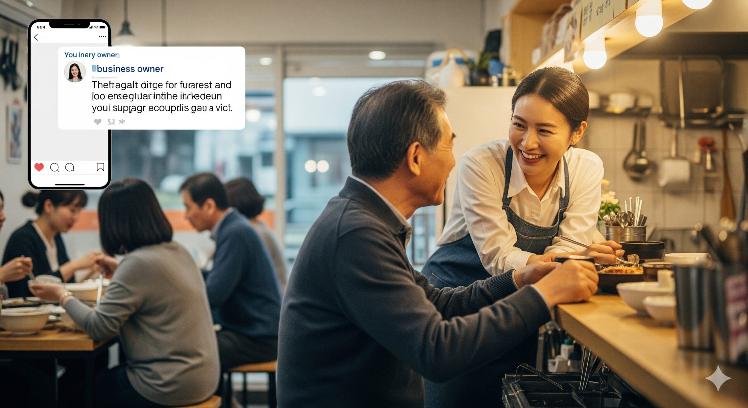 N잡 창업 아이디어로 성공한 모습. 진정성 있는 스토리텔링으로 가게를 찾은 손님들과 따뜻하게 소통하는 한국 자영업자 사장님. 온라인과 오프라인에서 모두 성공을 거둔 모습이다.