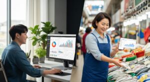 N잡 창업 아이디어인 제철음식 데이터 큐레이션으로 성공한 크리에이터와 그의 정보 덕분에 똑똑한 소비를 하는 고객의 모습.