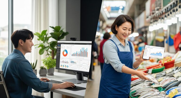 N잡 창업 아이디어인 제철음식 데이터 큐레이션으로 성공한 크리에이터와 그의 정보 덕분에 똑똑한 소비를 하는 고객의 모습.