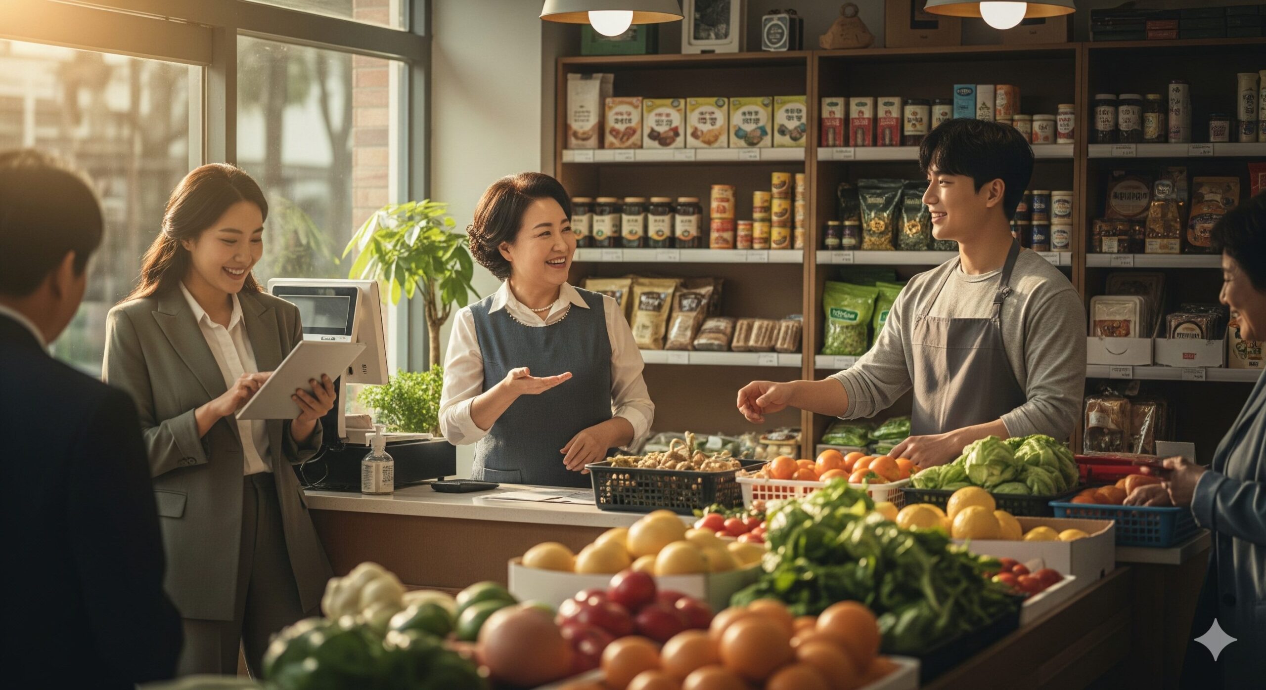N잡 창업 아이디어로 성공한 모습. 한국인 소상공인은 지역 주민의 도움으로 웃음을 되찾고, N잡 창업가는 이들을 연결하며 보람을 느낀다.