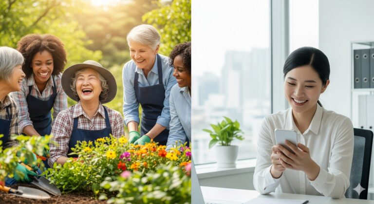 N잡 창업 아이디어인 황혼 생활설계 컨설팅을 통해 60대 고객이 행복한 인생 2막을 시작하고 컨설턴트는 보람을 느끼는 모습.