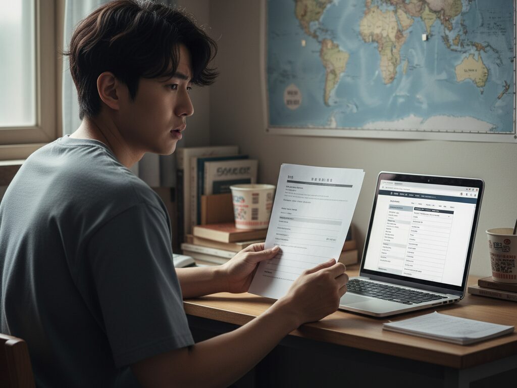 자신의 한글 이력서와 복잡한 링크드인 화면을 보며 해외취업의 막막함을 느끼는 한국 Z세대 구직자.