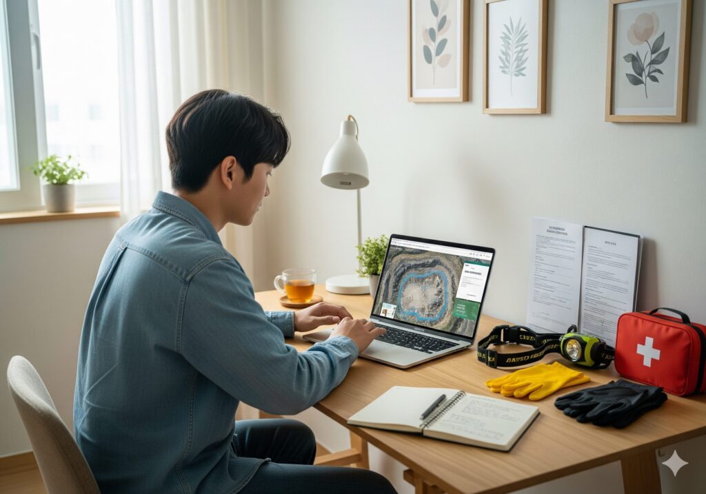 젊은 한국인 크리에이터가 자신의 방 책상에서 폐채석장 안전 탐험 숏폼 콘텐츠를 기획하며 법률 서류와 지도를 확인하고 있다.