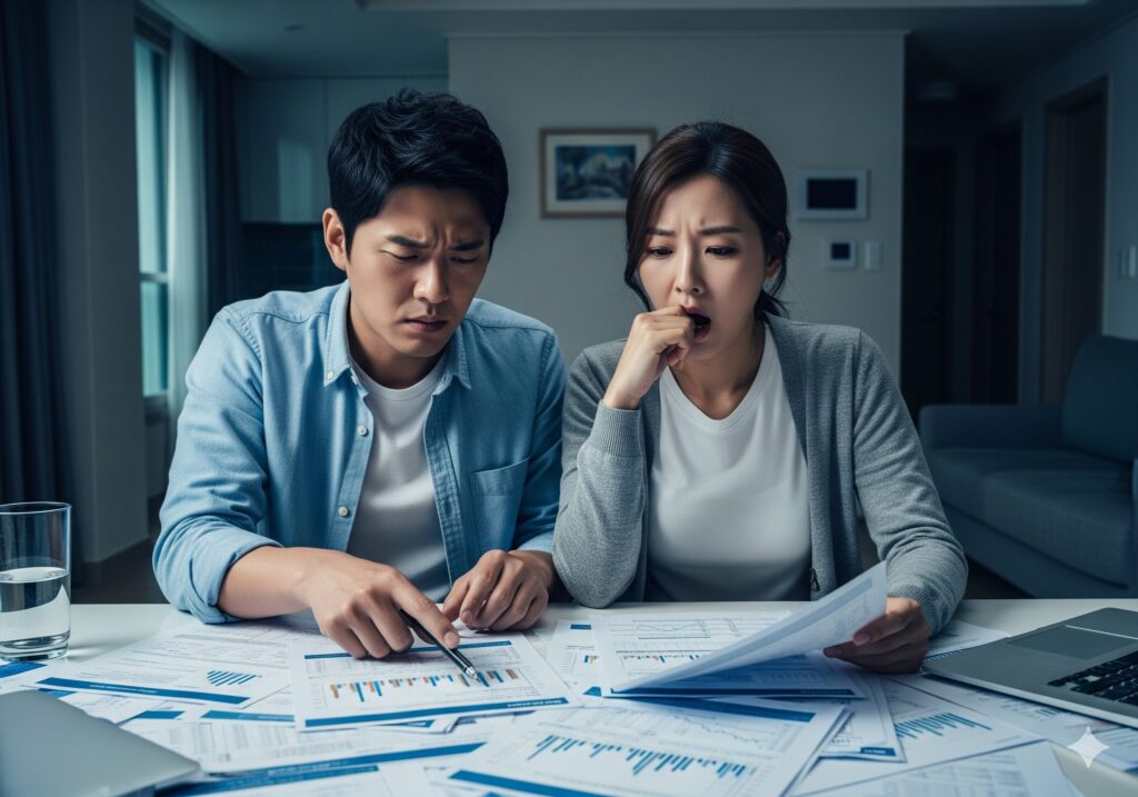 변액보험 마이너스 수익률 서류를 보며 실망하는 한국인 부부의 모습.