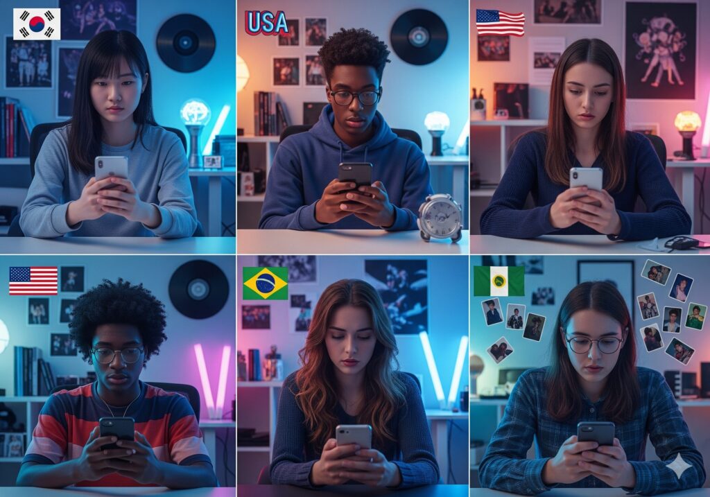 K팝의 정체성 논란으로 각자의 방에서 스마트폰을 보며 혼란스러운 표정을 짓고 있는 다양한 인종의 글로벌 K팝 팬들.