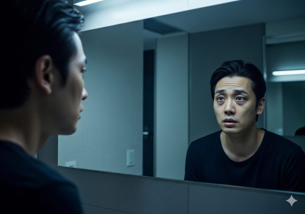 가속 노화 증상으로 인해 거울을 보며 불안해하는 젊은 한국인 남성의 모습. 피부 톤이 칙칙하고 지쳐 보인다.