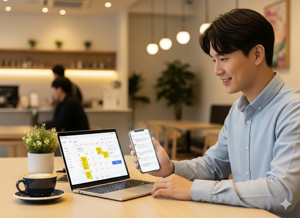 한국의 트렌디한 카페, 카카오톡과 네이버 캘린더 등 친숙한 디지털 도구.