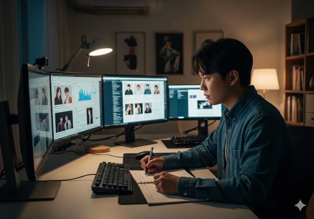 젊은 한국인 유튜버가 자신의 작업실에서 K팝 문화 현상에 대한 데이터를 분석하며 진지하게 영상 스크립트를 작성하고 있다.