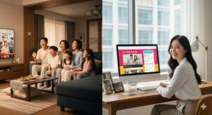 N잡 창업 아이디어로 성공한 OTT 리뷰 블로거 덕분에, 한국인 가족이 즐겁게 TV를 보고 블로거는 만족해하는 윈윈 상황.