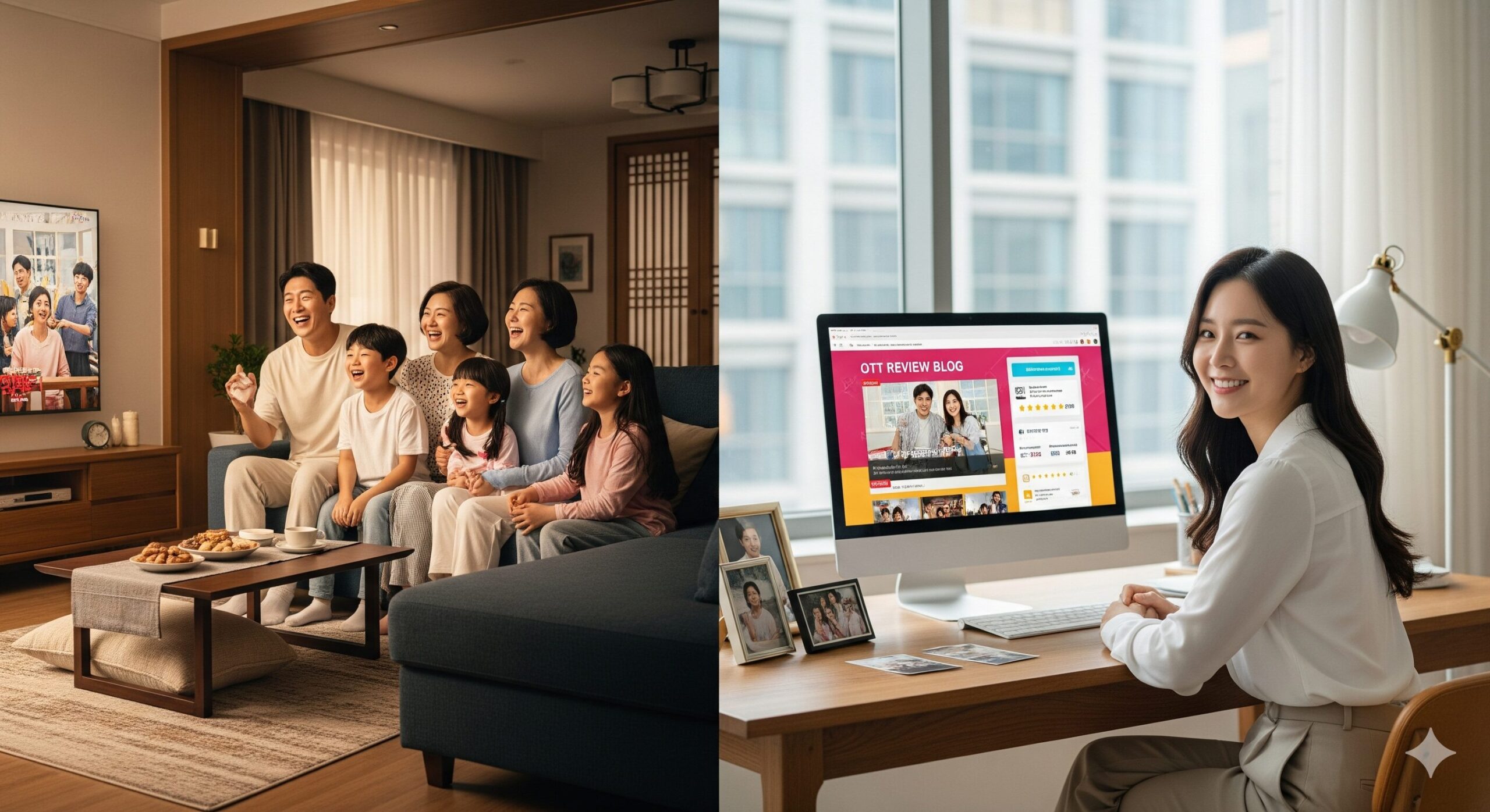 N잡 창업 아이디어로 성공한 OTT 리뷰 블로거 덕분에, 한국인 가족이 즐겁게 TV를 보고 블로거는 만족해하는 윈윈 상황.