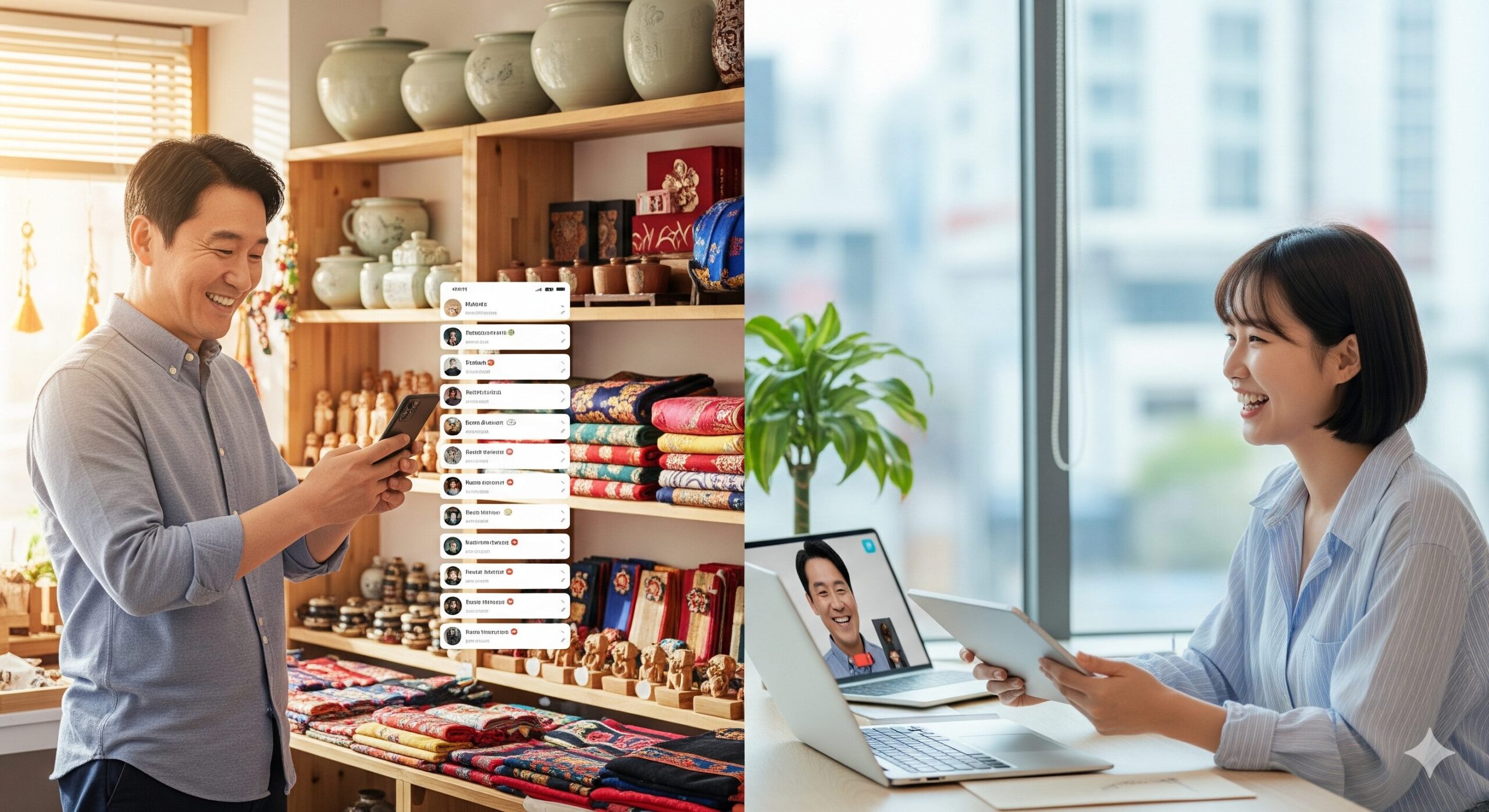 N잡 창업 아이디어인 SNS 운영 대행 서비스 덕분에 중소기업 사장님은 매출 증대를 이루고, 대행 전문가는 성공적인 파트너십에 만족하는 모습.