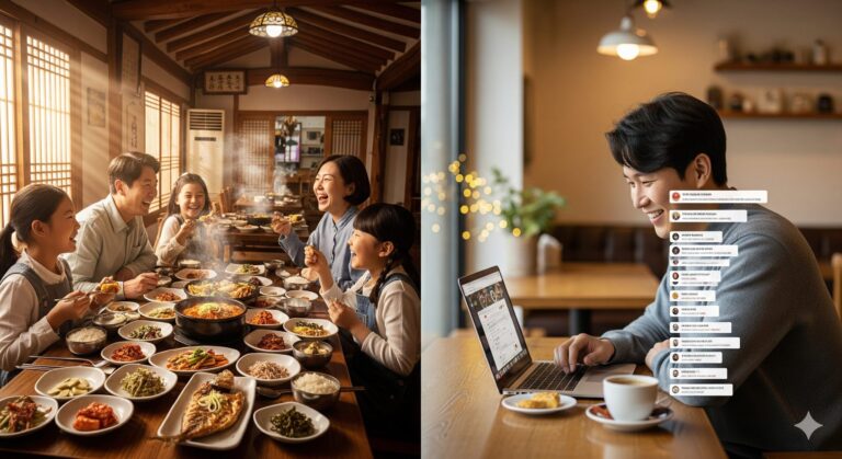 N잡 창업 아이디어인 맛집 블로거의 추천 덕분에 한국인 여행객들이 남도 맛집에서 행복해하고, 블로거는 뿌듯해하는 모습.