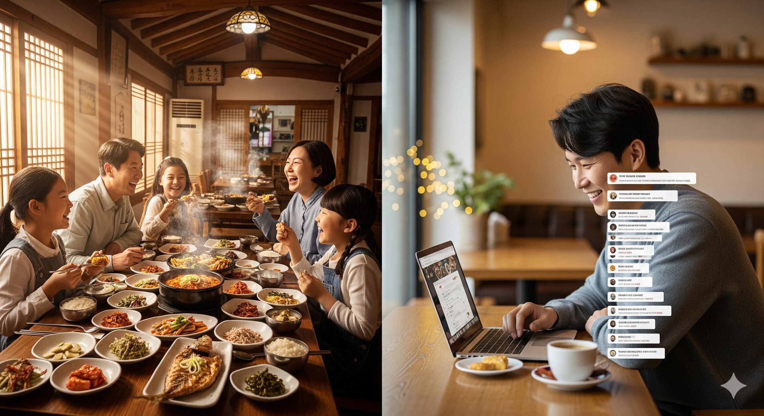 N잡 창업 아이디어인 맛집 블로거의 추천 덕분에 한국인 여행객들이 남도 맛집에서 행복해하고, 블로거는 뿌듯해하는 모습.