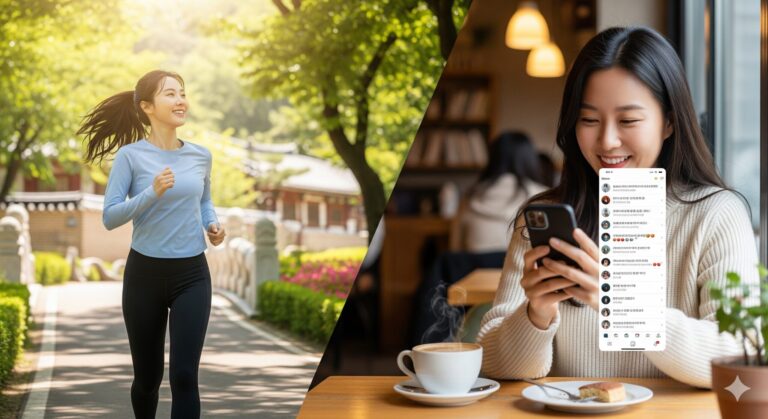 N잡 창업 아이디어인 다이어트 릴스 인플루언서의 선한 영향력으로, 한 여성이 건강을 되찾고 크리에이터는 보람을 느끼는 모습.