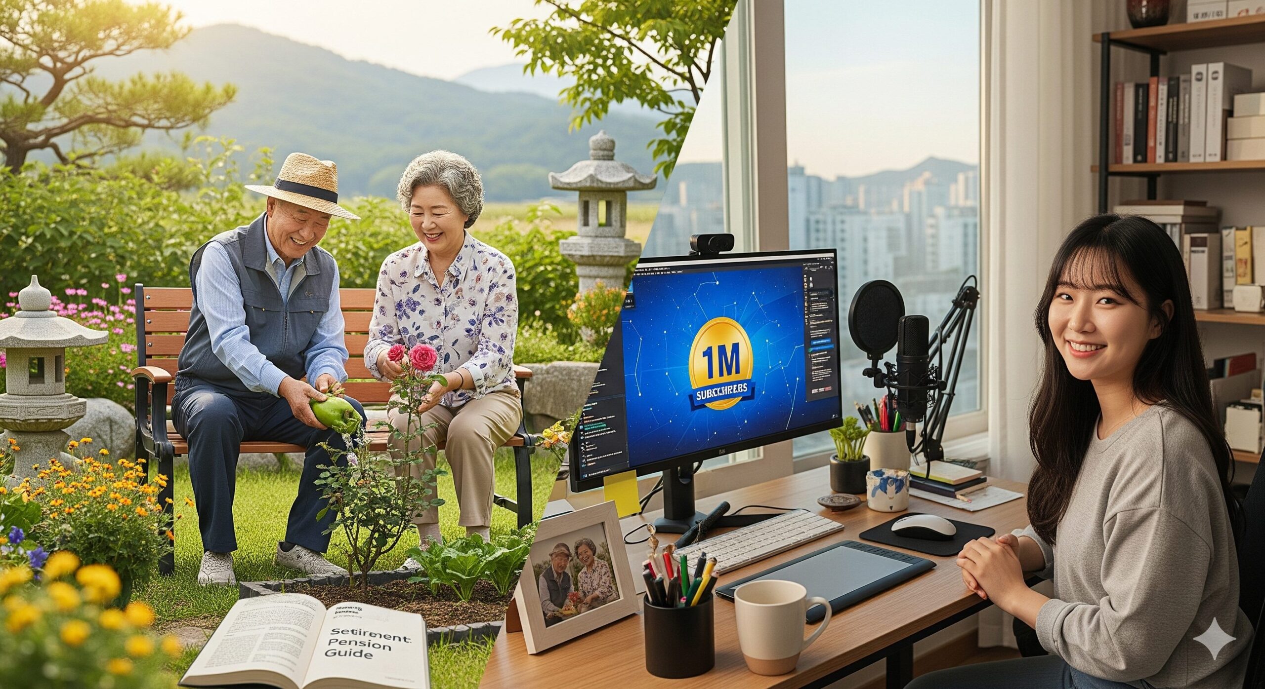 N잡 창업 아이디어로 성공한 연금 해설 크리에이터 덕분에, 한국인 노부부가 행복한 노후를 보내고 크리에이터는 성취감을 느끼는 완성된 꿈의 모습.