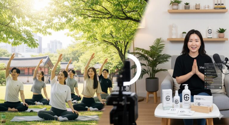 N잡 창업 아이디어로 성공한 모습. 건강하고 활기찬 한국인 고객들과, 자신의 웰니스 콘텐츠 사업으로 성공하여 만족스러워하는 한국인 크리에이터가 조화롭게 어우러진 장면.