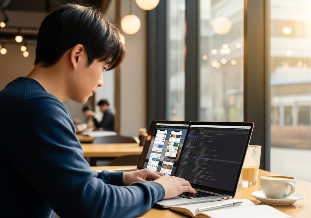 한국인 개발자가 카페에서 노트북으로 OCR 메뉴 스캔 앱을 개발하며 여행객의 문제 해결에 집중하는 모습.