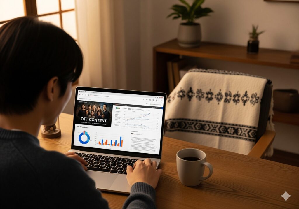 한국의 홈오피스에서 노트북으로 OTT 서비스의 가성비를 분석하며 전문적인 리뷰를 작성 중인 블로거.