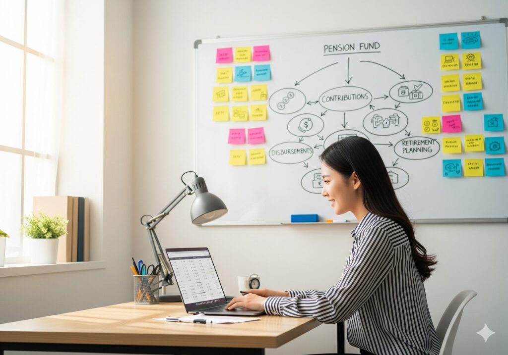 복잡한 연금 정보를 쉽게 정리하여 콘텐츠를 만들고 있는 한국인 여성 크리에이터.