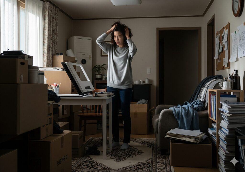 수납공간이 부족한 25평 소형 아파트에서 정리가 안 된 짐 때문에 스트레스받는 젊은 여성의 모습.