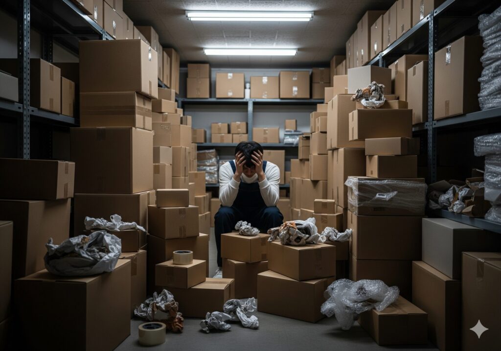 일손 부족으로 배송할 택배 상자에 둘러싸여 스트레스받고 있는 한국인 소상공인 사장님.