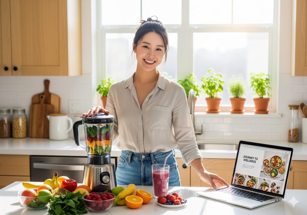 자신의 웰니스 실천 기록을 공유하며 건강한 라이프스타일을 선도하는 여성 콘텐츠 크리에이터.