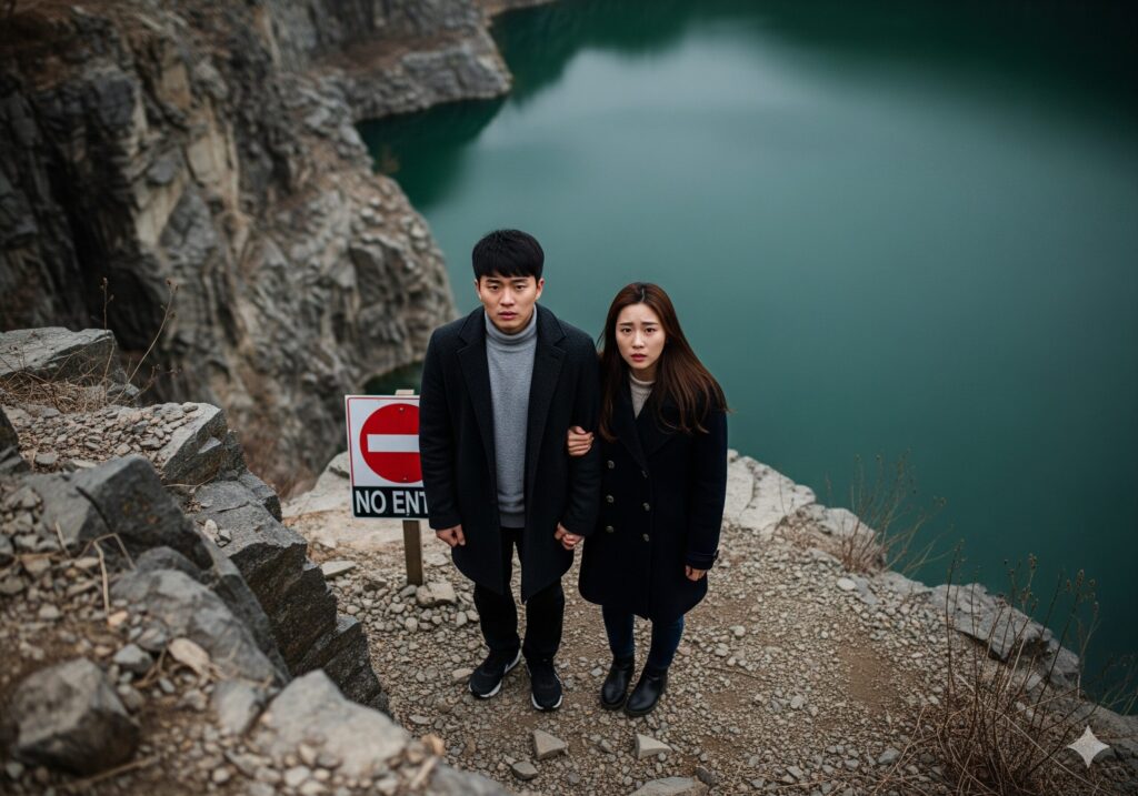 안전 정보 없이 대구 폐채석장 절벽 끝에서 불안한 표정으로 위를 올려다 보는 젊은 한국인 방문객들.