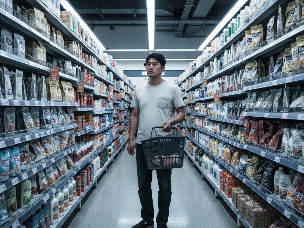 대형마트의 수많은 공산품 앞에서 피로감을 느끼며 어떤 것을 골라야 할지 고민하는 한국인 소비자의 모습.