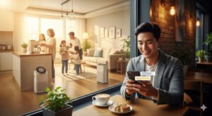 따뜻한 카페에서 자신의 온라인 스토어 고객 후기를 보며 미소 짓는 한국인 N잡 창업가와, 그가 판매한 가성비 생활가전으로 행복해하는 한국인 가족의 모습이 조화롭게 어우러진 성공적인 N잡 창업의 순간.