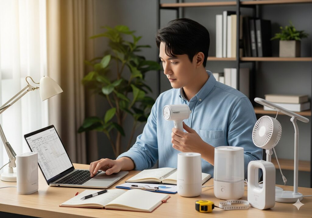 N잡 창업 아이디어를 발견하여, 밝은 홈 오피스에서 저가 생활가전을 꼼꼼히 테스트하며 노트북에 기록하는 N잡러의 모습.