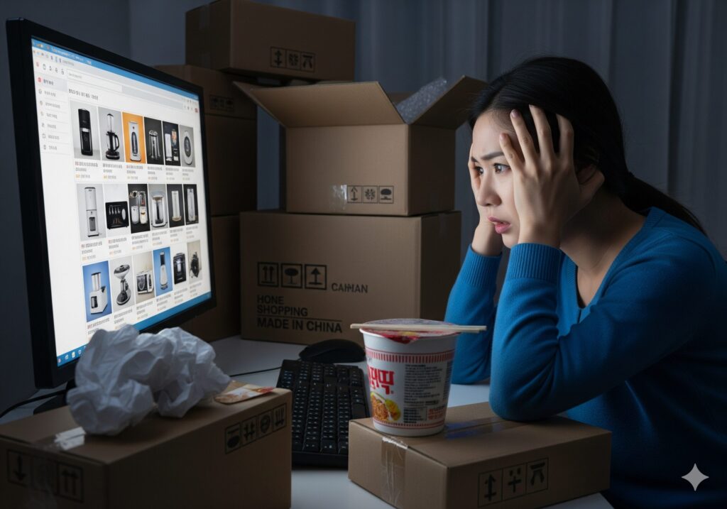 수많은 온라인 저가형 생활가전 앞에서 구매 실패에 대한 불안감으로 머리를 감싸 쥐고 고민하는 한국인 여성의 혼란스러운 모습.