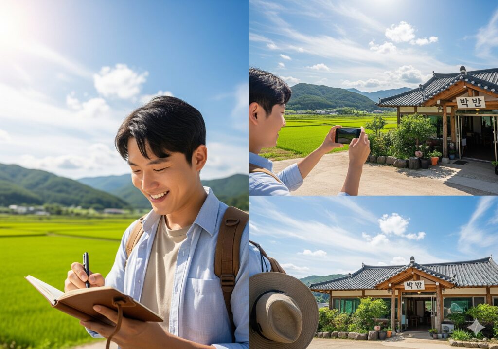 N잡 창업 아이디어인 맛집 블로거의 추천 덕분에 한국인 여행객들이 남도 맛집에서 행복해하고, 블로거는 뿌듯해하는 모습.