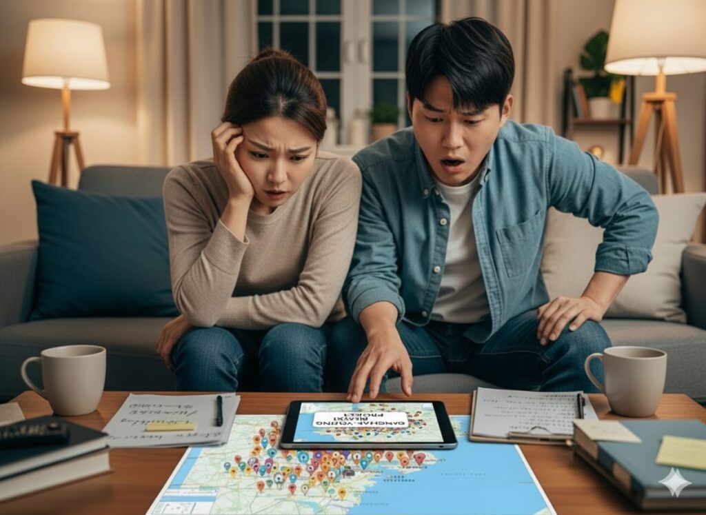 100개의 맛집 정보가 뜬 태블릿을 보며 어디부터 가야 할지 몰라 막막해하는 한국인 여행객.