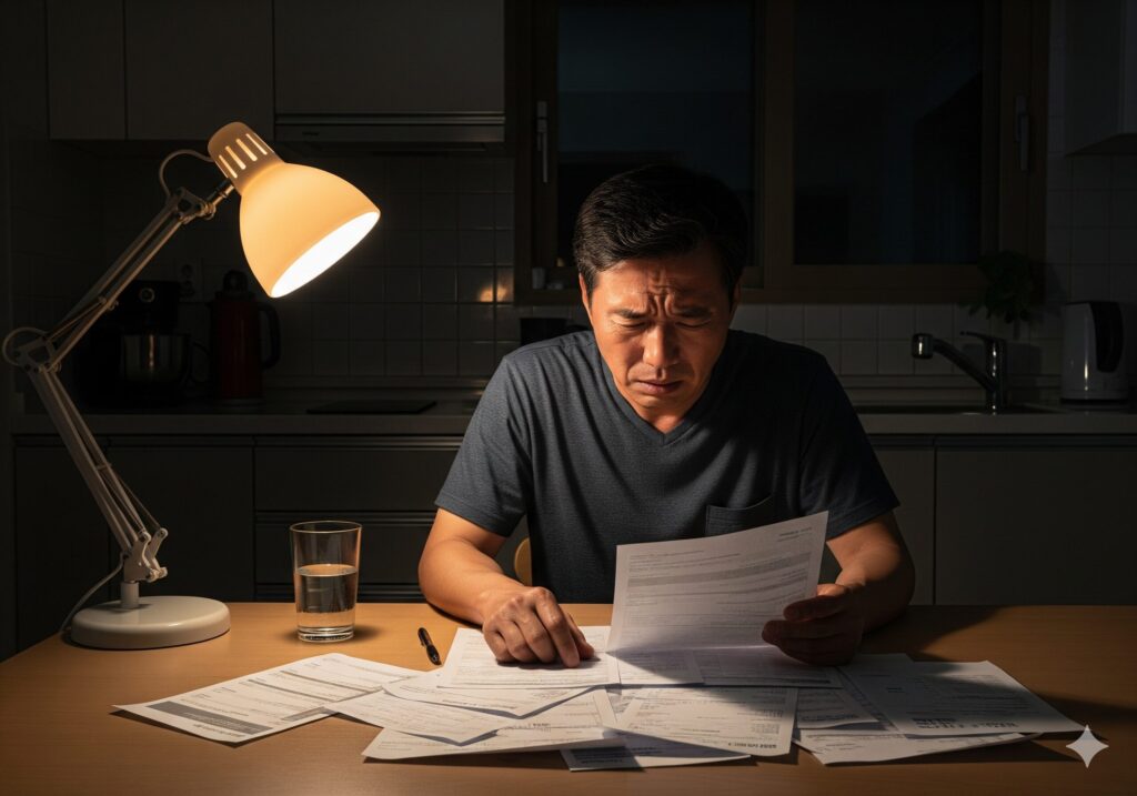 건강보험료 등 각종 고지서를 보며 가계 부담으로 인해 밤에 식탁에서 한숨 쉬는 중년 남성.