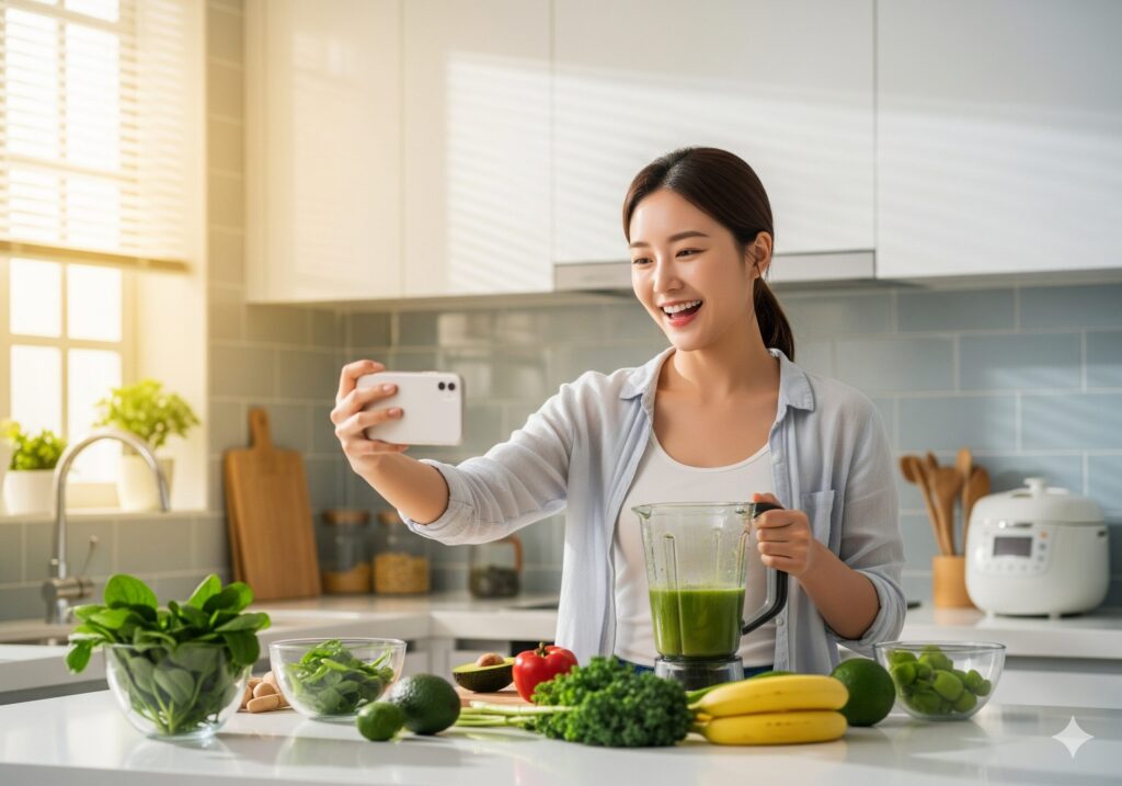 햇살 좋은 주방에서 스마트폰으로 릴스 영상을 찍으며 즐겁게 건강 주스를 만들고 있는 한국인 여성.
