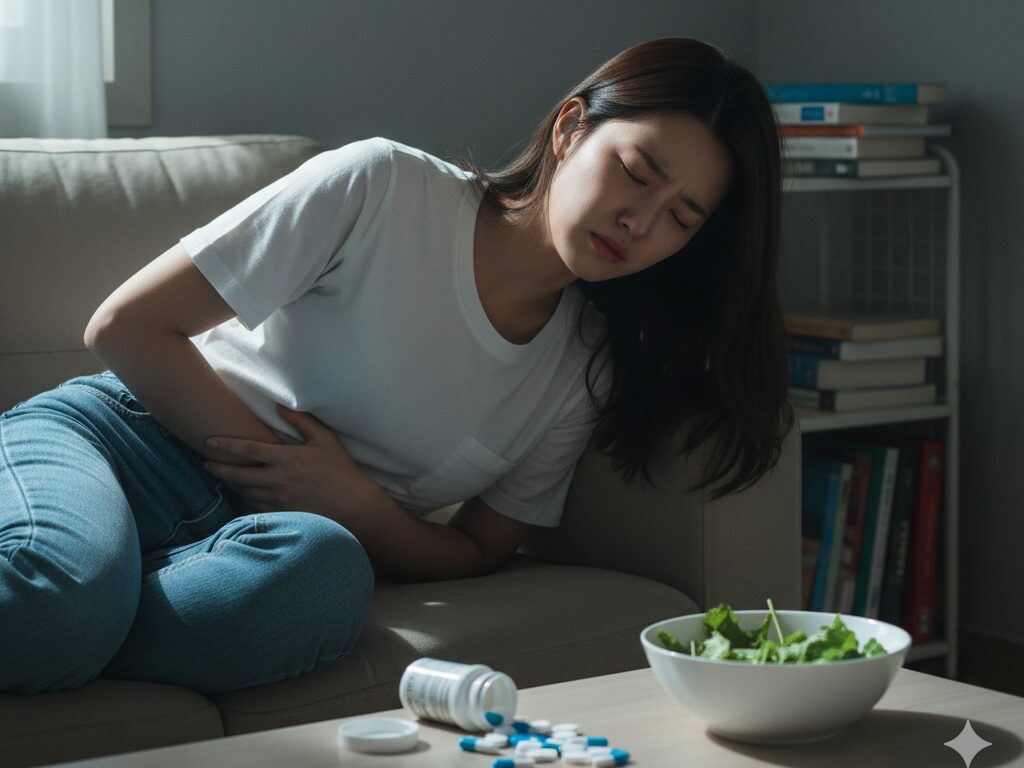 극단적인 다이어트 약 부작용으로 소파에 힘없이 쓰러져 고통스러워하는 젊은 여성의 모습. 옆에는 샐러드와 약이 놓여있다.